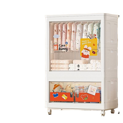 2 layers Baby clear Double Door Drawer Baby Kids Cabinet Plastic Cartoon Wardrobes  Plastic clothes Wardrobe with wheels