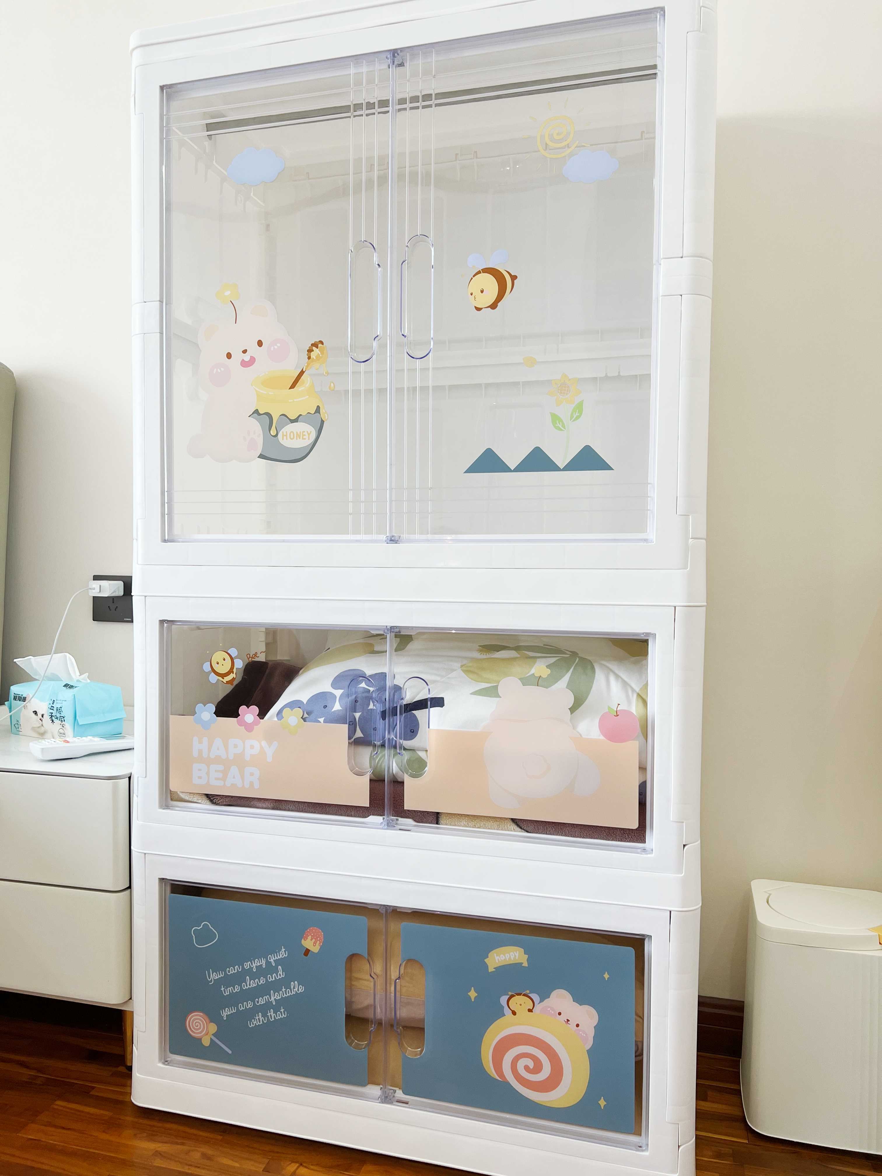 2 layers Baby clear Double Door Drawer Baby Kids Cabinet Plastic Cartoon Wardrobes  Plastic clothes Wardrobe with wheels