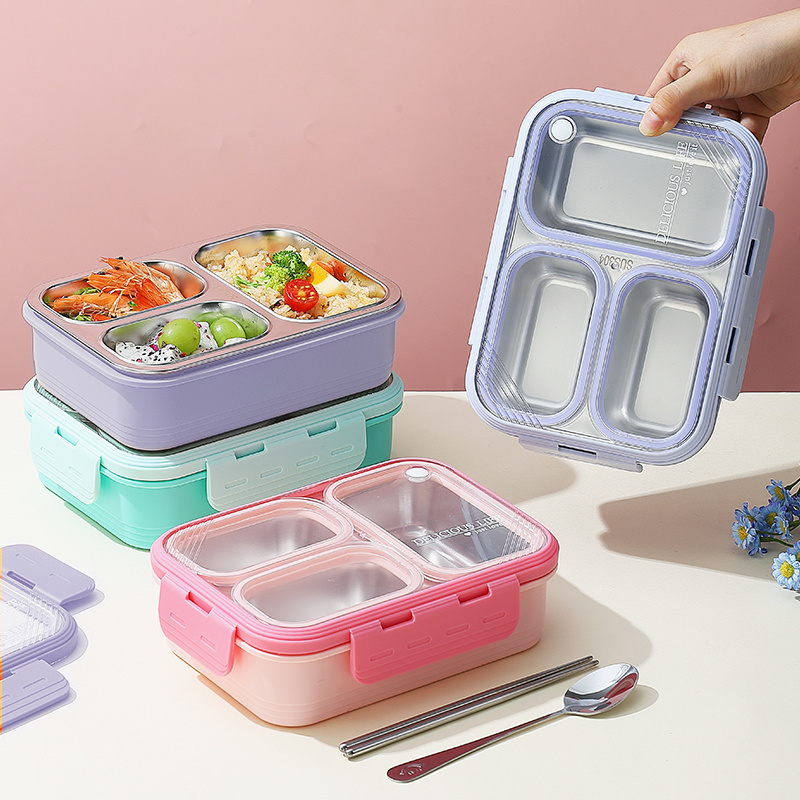 School Children Three-compartment Lunch Container Kids Lunch Box with Tableware Leak-proof Stainless Steel 620ml Color Box