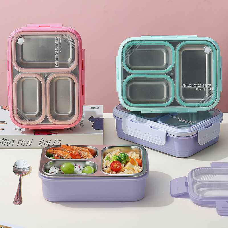 School Children Three-compartment Lunch Container Kids Lunch Box with Tableware Leak-proof Stainless Steel 620ml Color Box