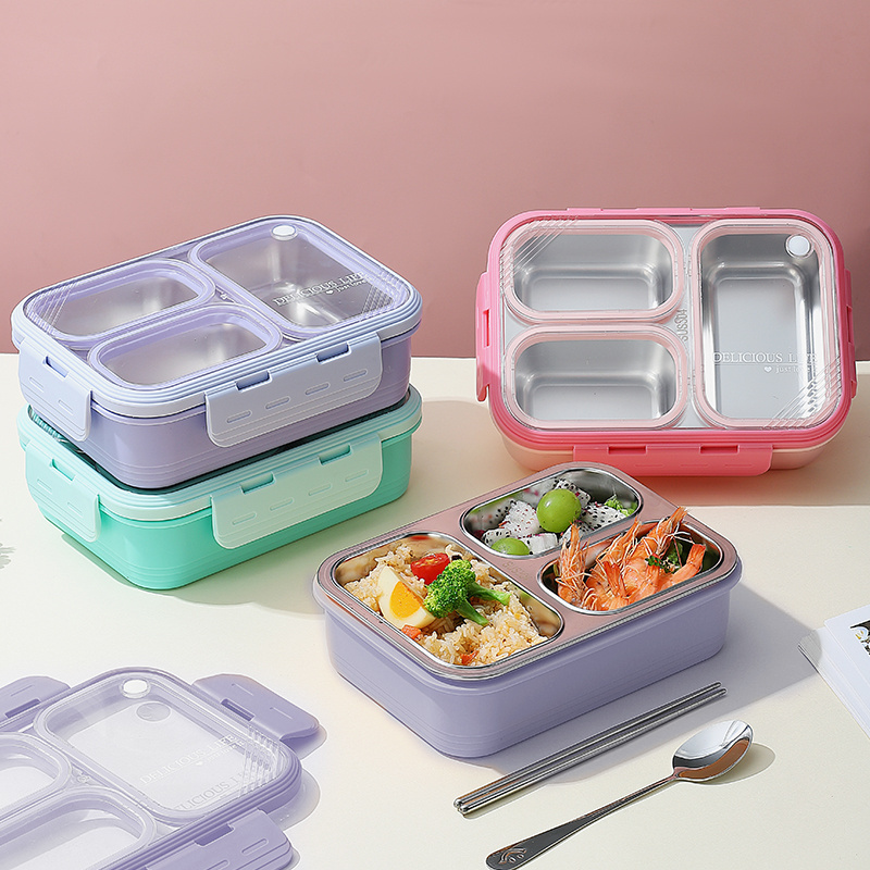 School Children Three-compartment Lunch Container Kids Lunch Box with Tableware Leak-proof Stainless Steel 620ml Color Box