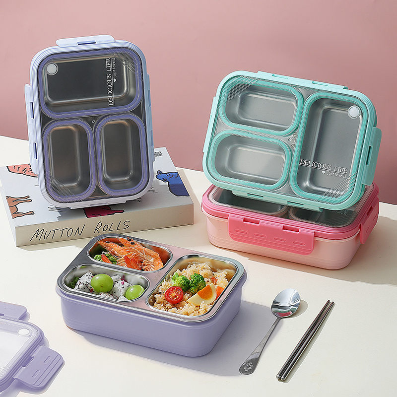 School Children Three-compartment Lunch Container Kids Lunch Box with Tableware Leak-proof Stainless Steel 620ml Color Box