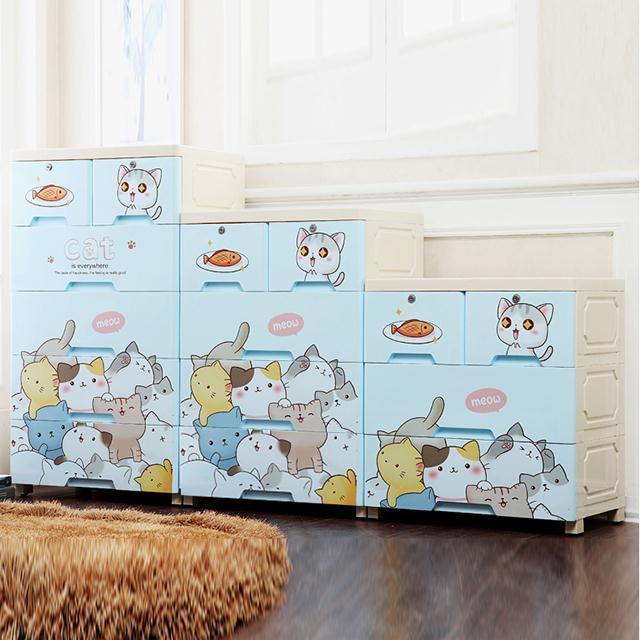 lovely cartoon cat pattern folding 4 layer beige wardrobe baby stackable plastic clothes toys storage  drawers