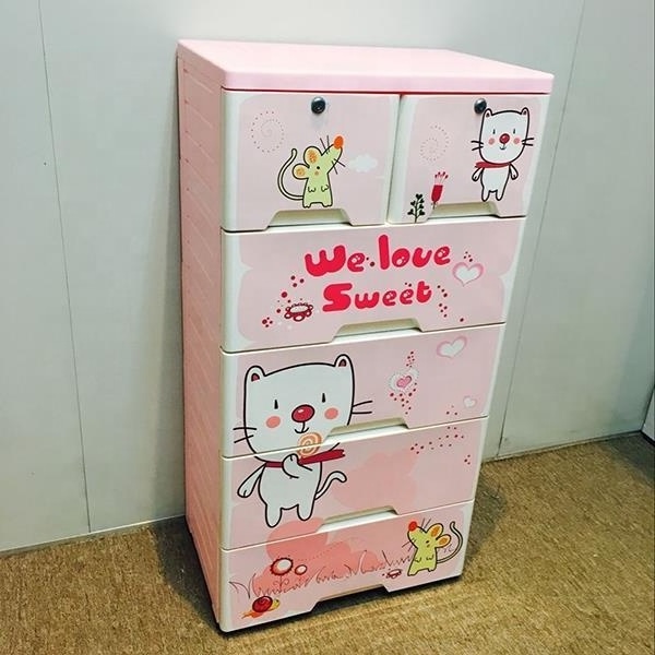 Kids Bedroom Wardrobe Cartoon Design 5 Layer Baby Clothes Plastic Storage Drawers with 2 Locks