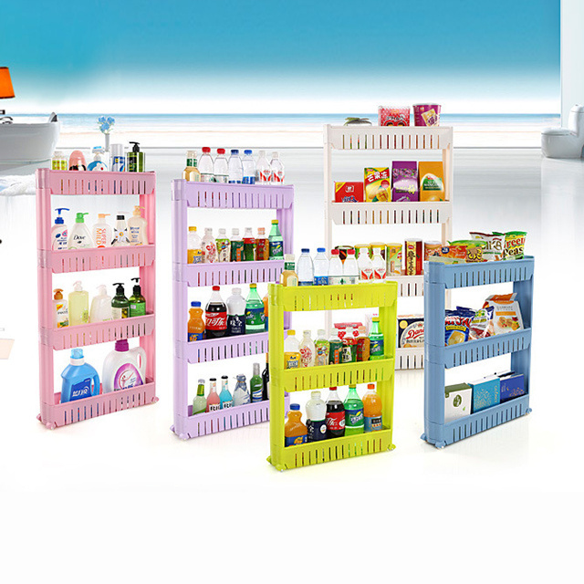 Space saving movable slim plastic corner shelf storage rack