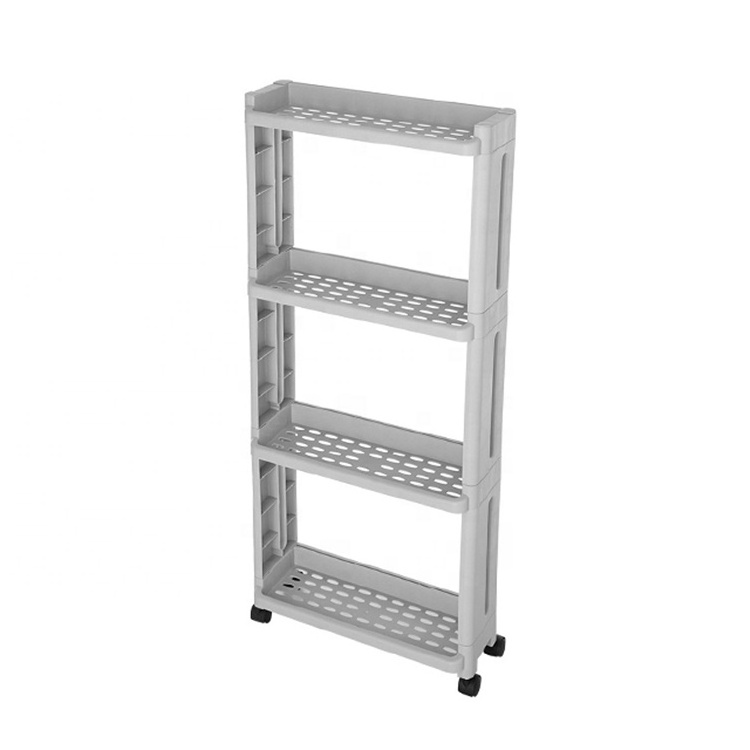 Narrow Bathroom 4 Tier Plastic Slim Storage Shelf with Wheels Carrito Estrecho de Bano con Ruedas