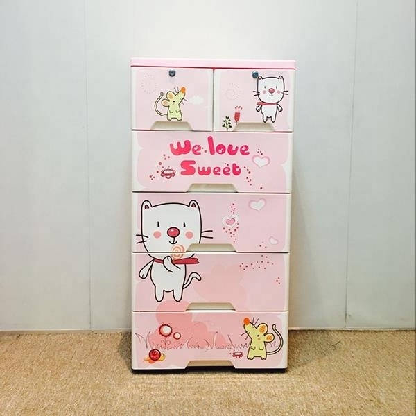 Kids Bedroom Wardrobe Cartoon Design 5 Layer Baby Clothes Plastic Storage Drawers with 2 Locks