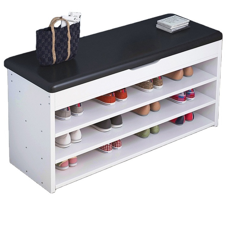 3 Layer wooden modern shoe storage rack cabinet bench cushion movable shelves home white