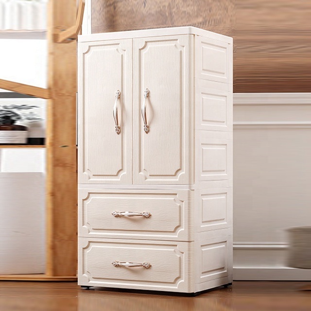 Baby use white chest of drawers plastic wardrobe 3-layer drawer with two open door pp plastic drawer