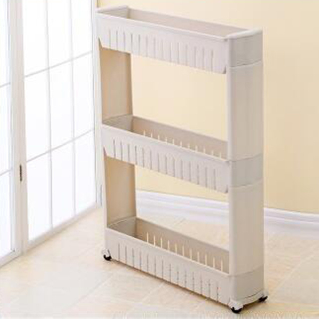 Space saving movable slim plastic corner shelf storage rack