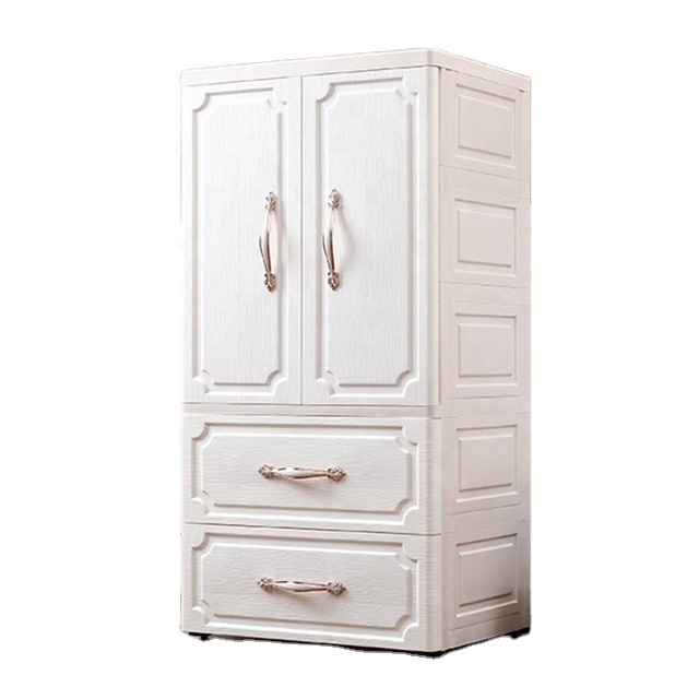 Baby use white chest of drawers plastic wardrobe 3-layer drawer with two open door pp plastic drawer