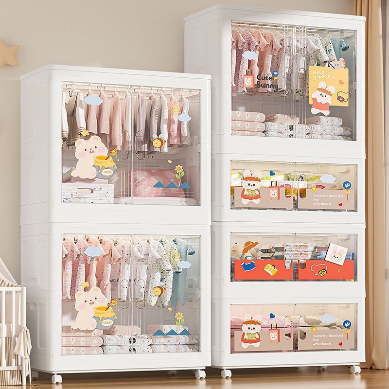 Children Bedroom 75cm Width Cartoon Rabbit Design Transparent Doors 4-Layer Plastic Folding Wardrobe for Baby Clothes Storage