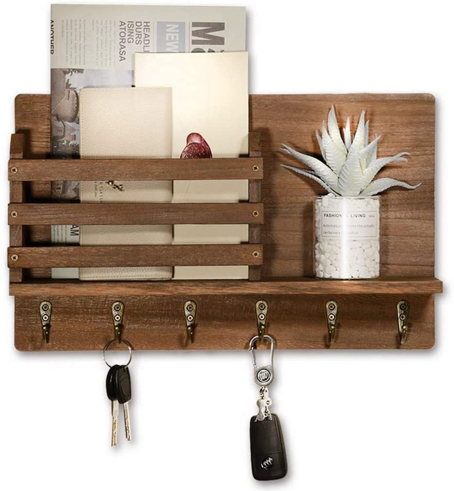 Entryway Mail Envelope Organizer Wall Mounted with 6 Key Hooks, Rustic Wood Key Mail Holder for Wall Floating Shelf