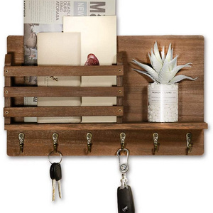 Entryway Mail Envelope Organizer Wall Mounted with 6 Key Hooks, Rustic Wood Key Mail Holder for Wall Floating Shelf