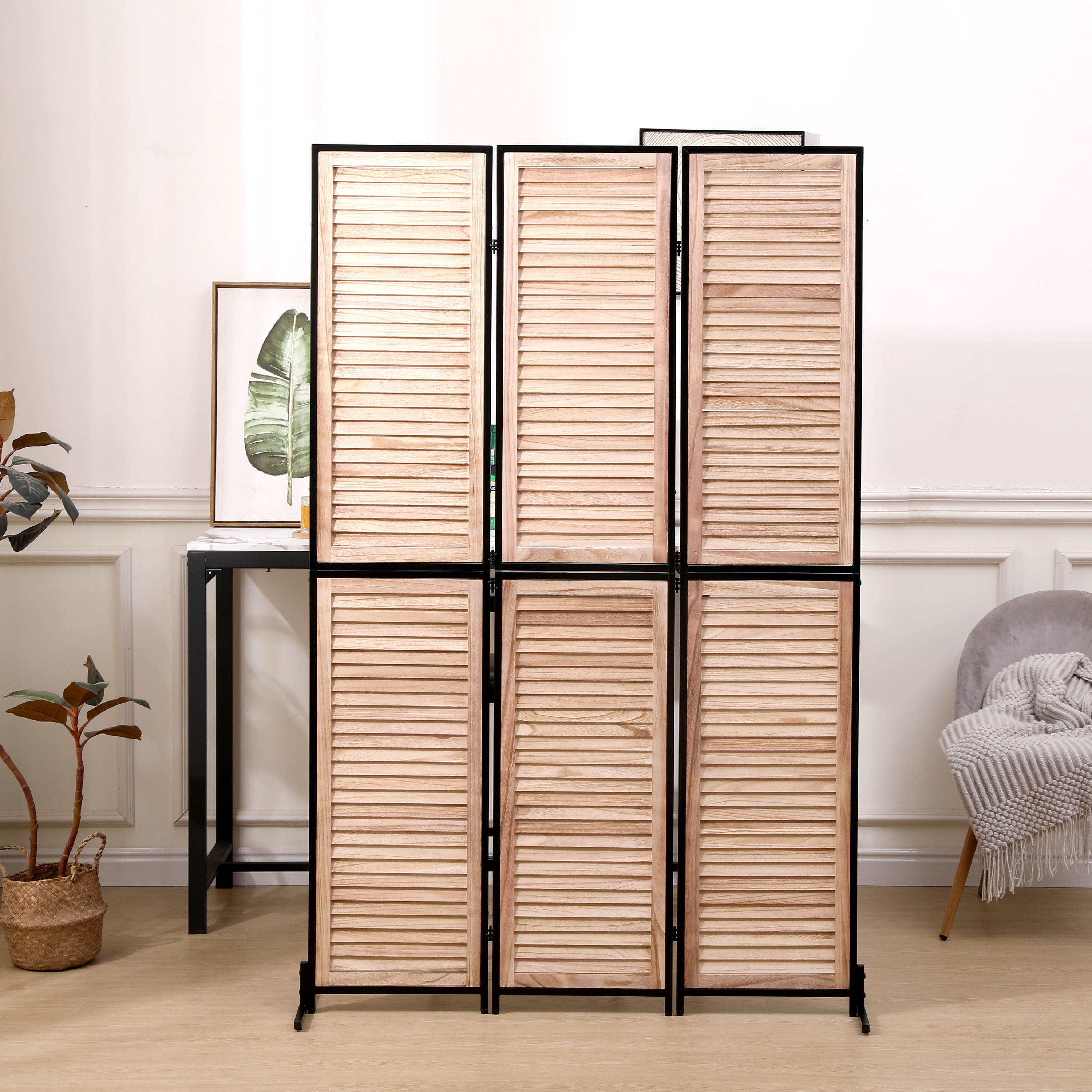 Wooden Room Divider, 3 Panel Folding Privacy Screen, Partition with metal bracket,   for Office Bedroom Livingroom