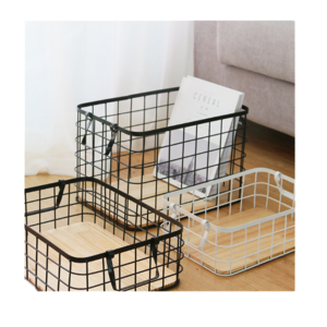 Wooden Bottom Antique Vintage Industrial Metal Wire Storage Basket Set of 3 Organizers