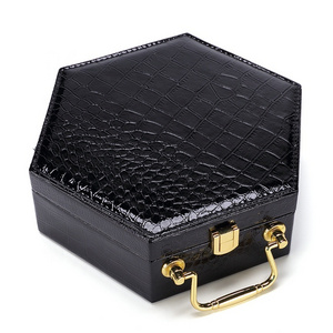 Luxury hexagonal Custom logo clamshell handle portable crocodile grain packaging belt gift box PU leather design box