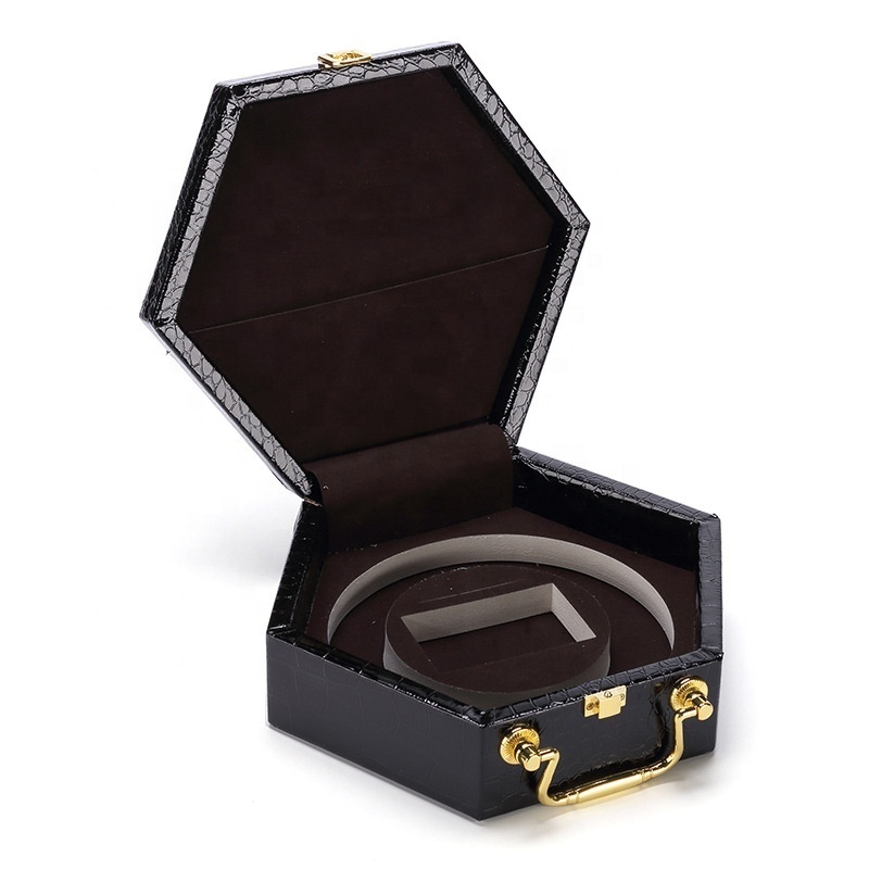 Luxury hexagonal Custom logo clamshell handle portable crocodile grain packaging belt gift box PU leather design box