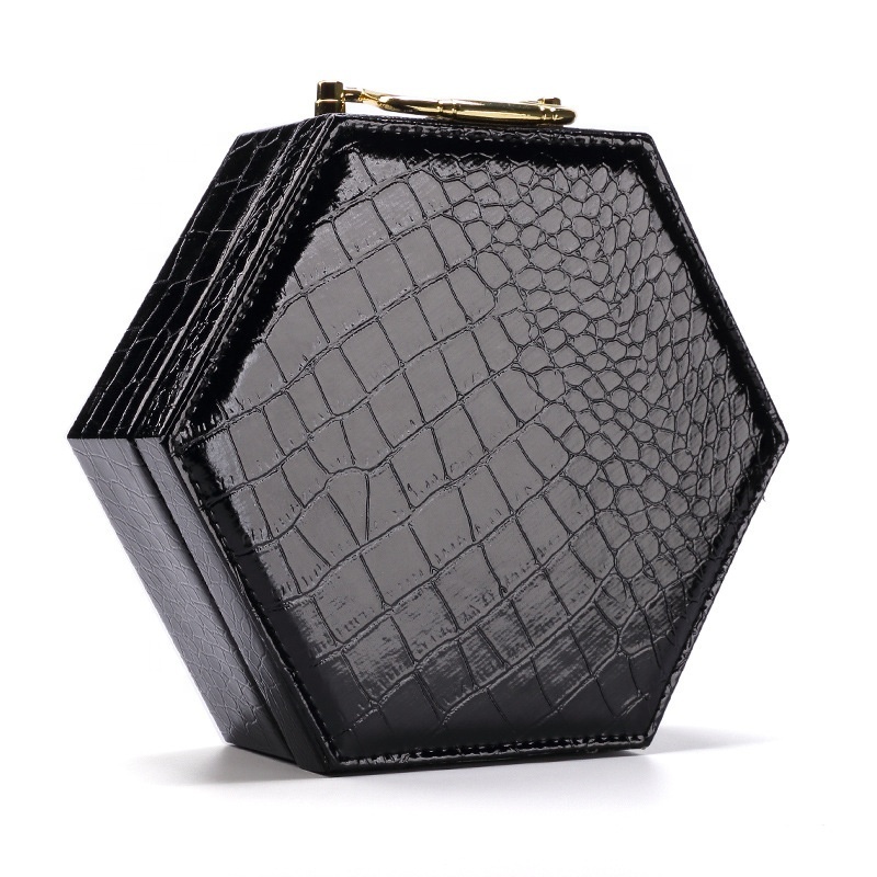 Luxury hexagonal Custom logo clamshell handle portable crocodile grain packaging belt gift box PU leather design box