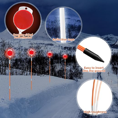 Reflective for Driveway on Poles Orange Fiberglass Snow Stakes with Double Sided Reflector and Reflective Tape for Parking Lots