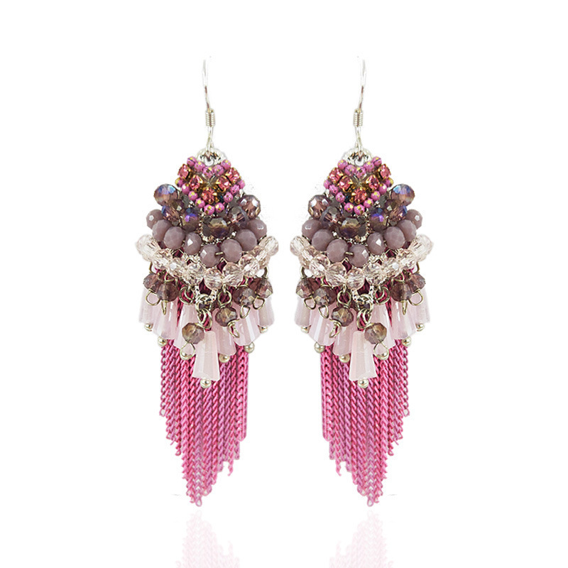 Trendy Ladies Ethnic Bohemian Flower Handmade Long Boho Bridal Wedding Rainbow Tassel Crystal Drop Earrings for Women Jewelry