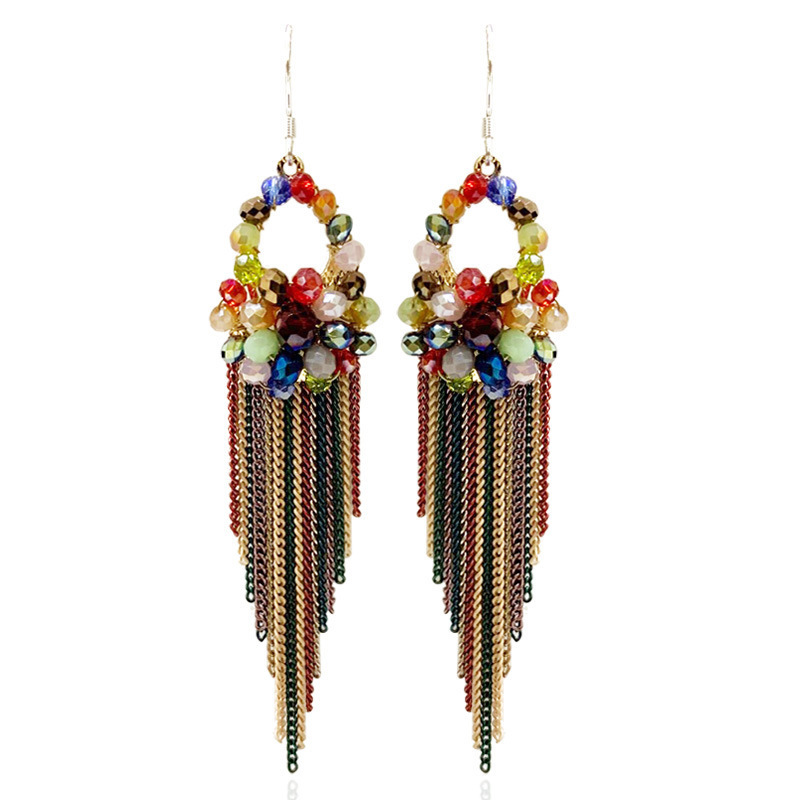 Trendy Ladies Ethnic Bohemian Flower Handmade Long Boho Bridal Wedding Rainbow Tassel Crystal Drop Earrings for Women Jewelry