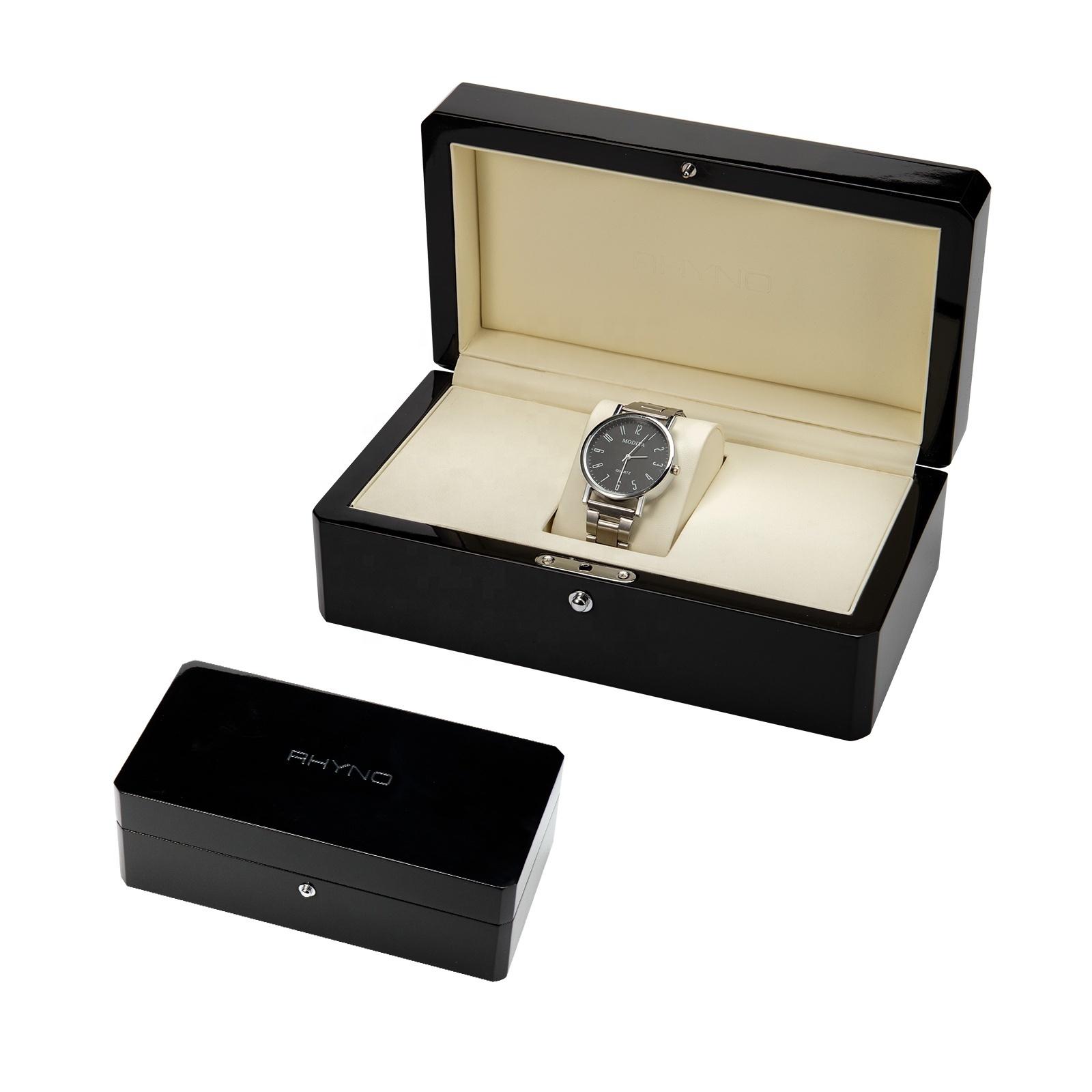 Luxury Wooden Smart Travel Brand Packaging Black Lacquer High Quality Plastic Velvet White Leather Safe Display Single Watch Box