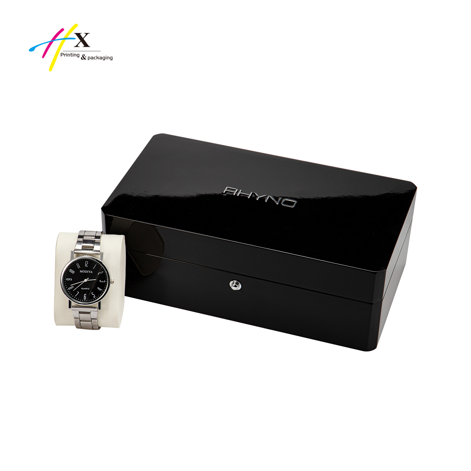 Luxury Wooden Smart Travel Brand Packaging Black Lacquer High Quality Plastic Velvet White Leather Safe Display Single Watch Box