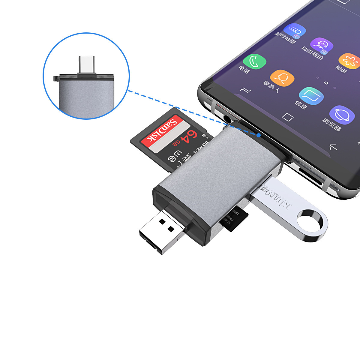 Hot Selling Product  Multifunction 6 in 1 usb type c micro usb OTG card reader for SD,SDHC,TF,MicroSD,Mini SDHC