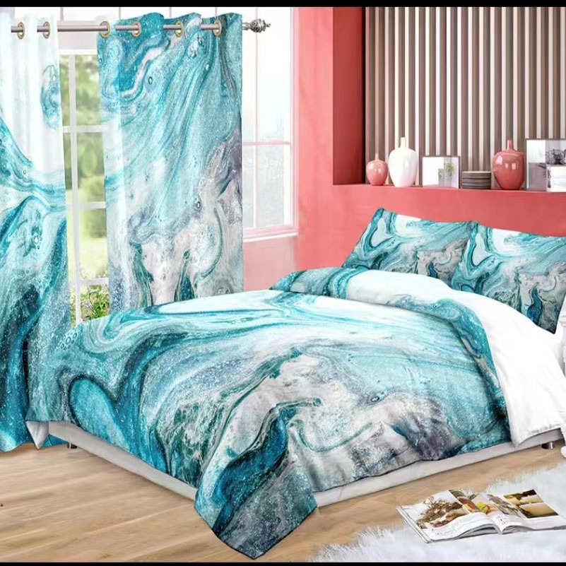 New Design All Season Luxury  Fashion 3D Customized Digital Printing Pattern 100% Polyester Bedding Set with Curtains