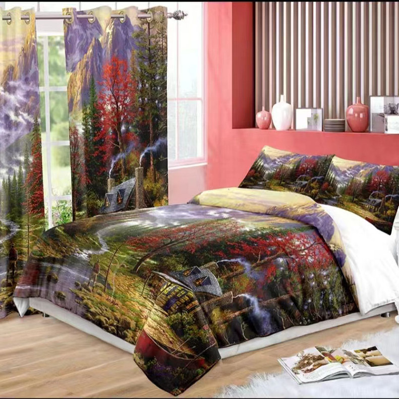 New Design All Season Luxury  Fashion 3D Customized Digital Printing Pattern 100% Polyester Bedding Set with Curtains