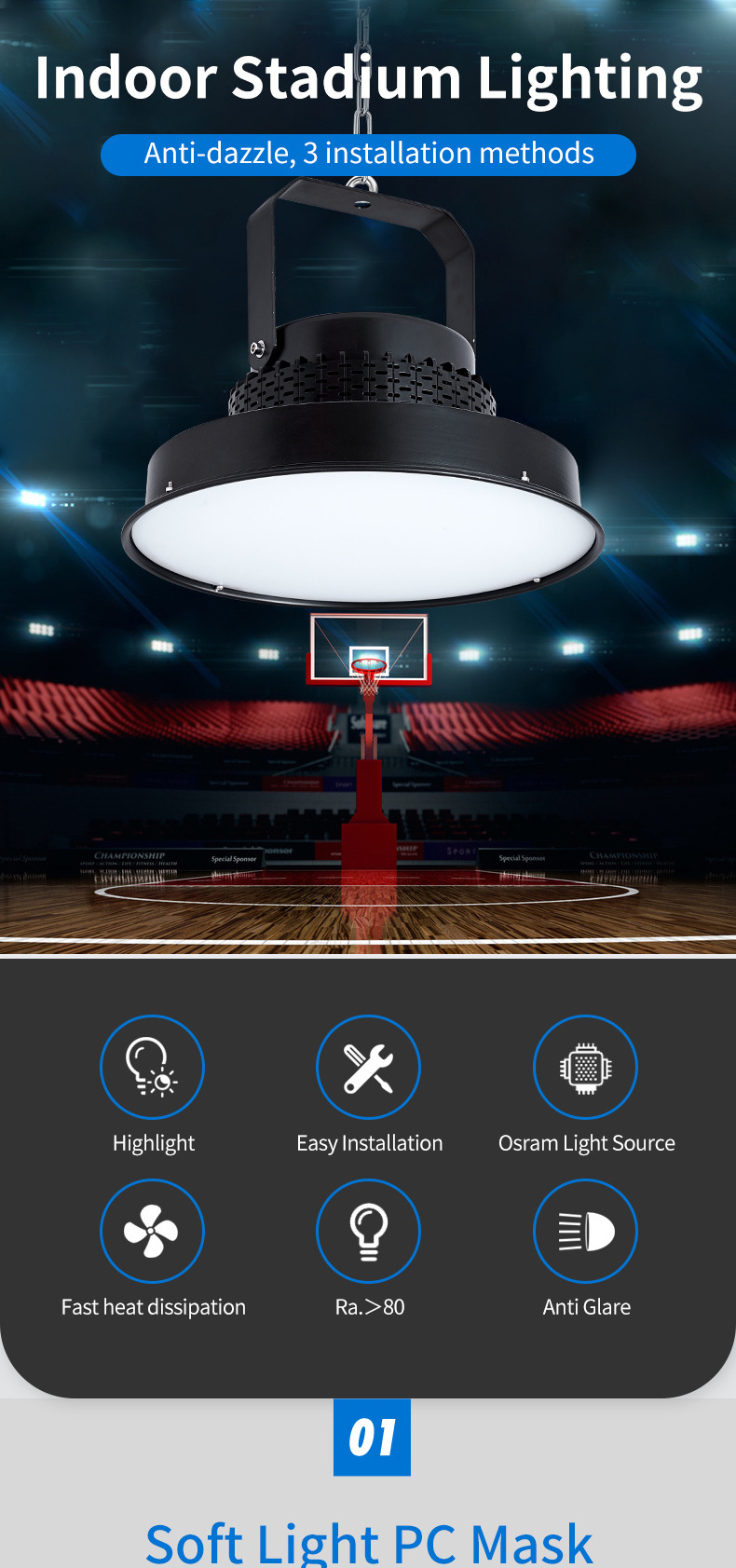 Indoor basketball court led stadium lighting 220v sport gym round floodlight Warehouse light flood lamp sport light