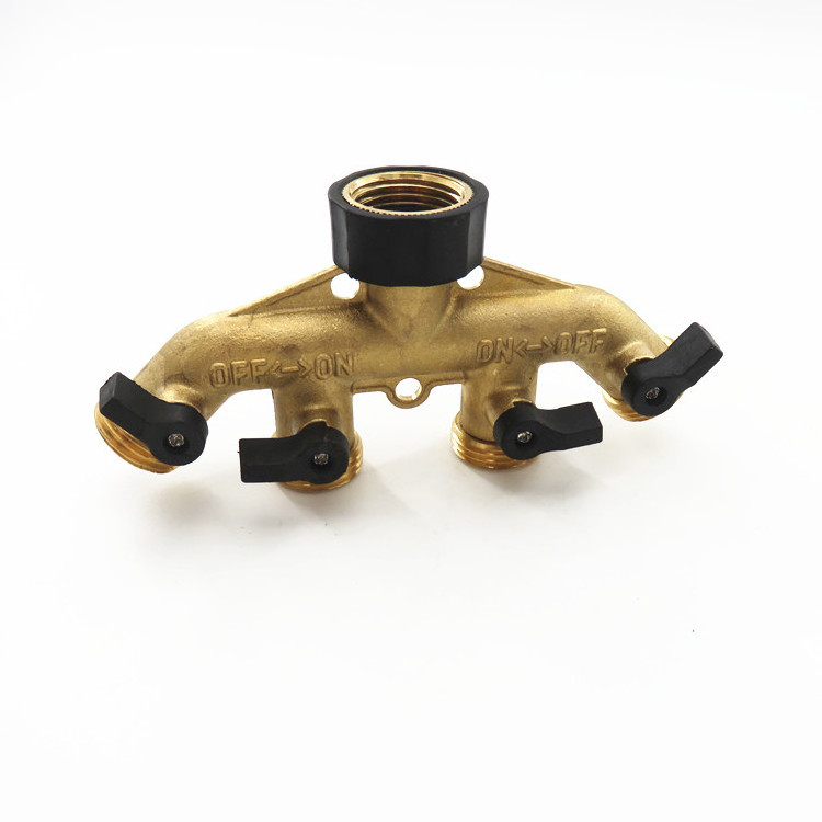 4 Way Solid Brass Tap Connector, Heavy Duty Outdoor Hose Splitter Garden Tap Adaptor Water Pipe Manifold Individual Shut OFF/ON