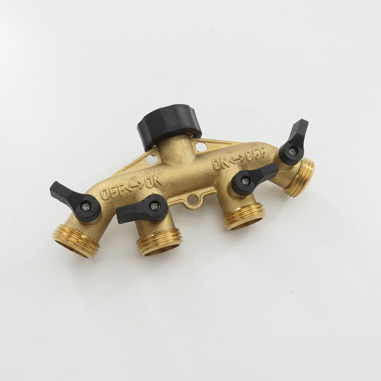 4 Way Solid Brass Tap Connector, Heavy Duty Outdoor Hose Splitter Garden Tap Adaptor Water Pipe Manifold Individual Shut OFF/ON