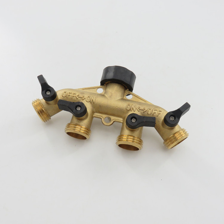 4 Way Solid Brass Tap Connector, Heavy Duty Outdoor Hose Splitter Garden Tap Adaptor Water Pipe Manifold Individual Shut OFF/ON