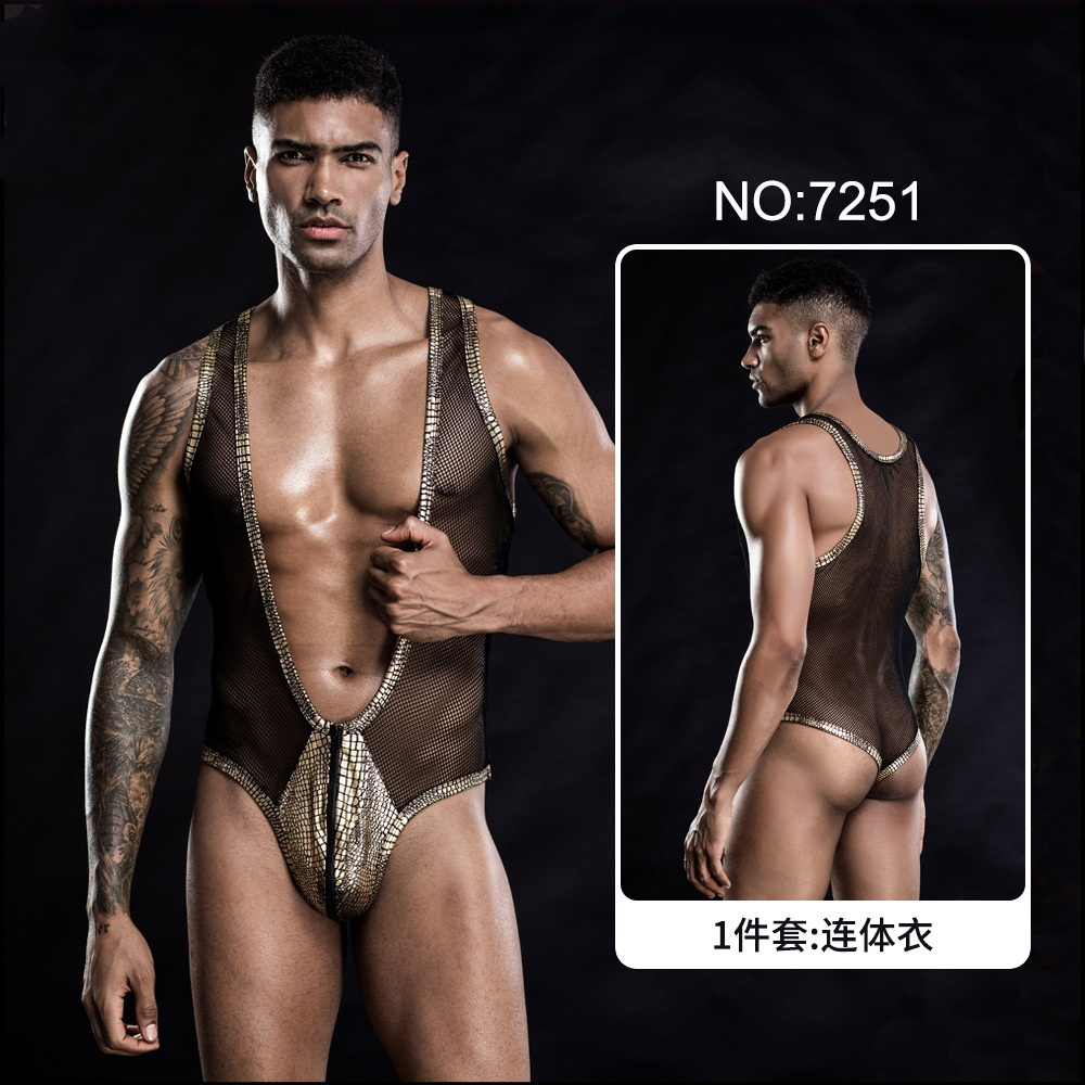 Sexy Lingerie Costumes Men's Erotic Underwear Black One-Piece Open Gear Erotic Uniforms Nightclub Bondage Suit Strappy Type