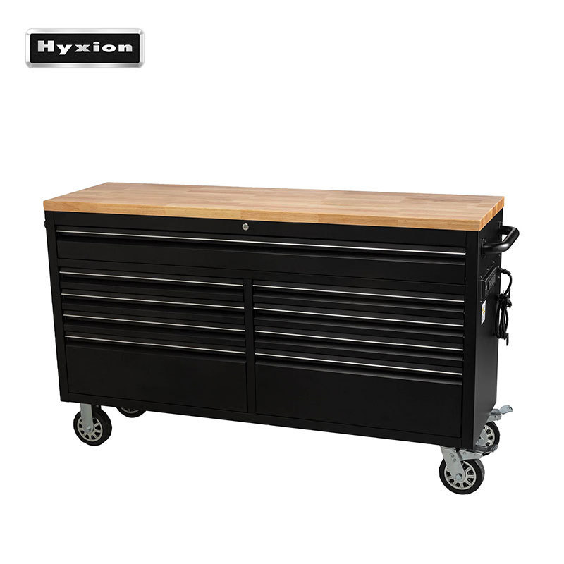 Hyxion USA  Tool chest Stainless steel Black 61inch Rubberwood worktop 9 drawers standard socket Tool cabinet