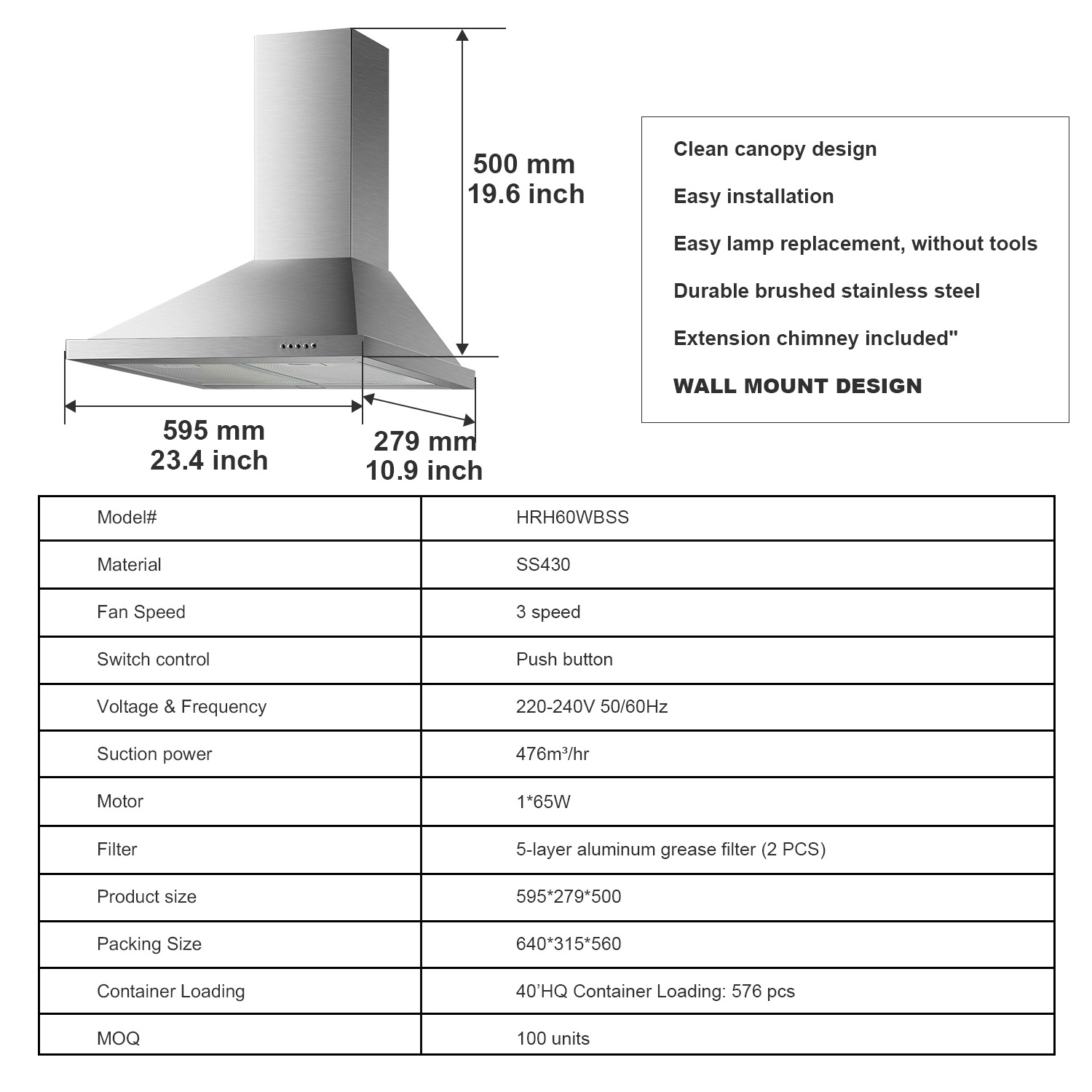 Hyxion Stainless steel high end 3 speed chimney kitchen