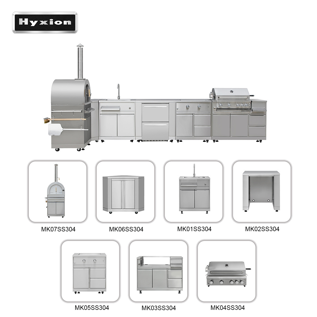 Hyxion Outdoor Kitchen Cabinet 7 piece Set Island Stainless Steel gas barbecue grill garden gas Wood fire pizza oven bbq grill