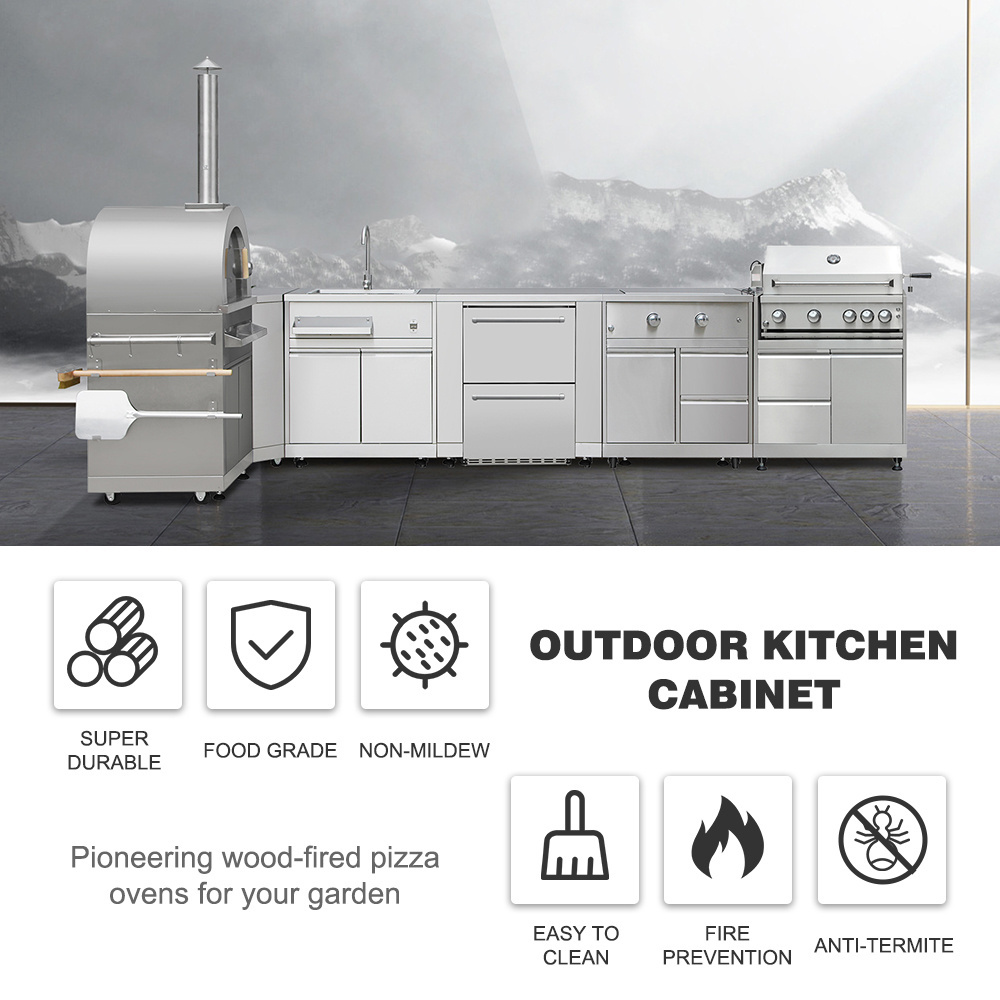 Hyxion Outdoor Kitchen Cabinet 7 piece Set Island Stainless Steel gas barbecue grill garden gas Wood fire pizza oven bbq grill