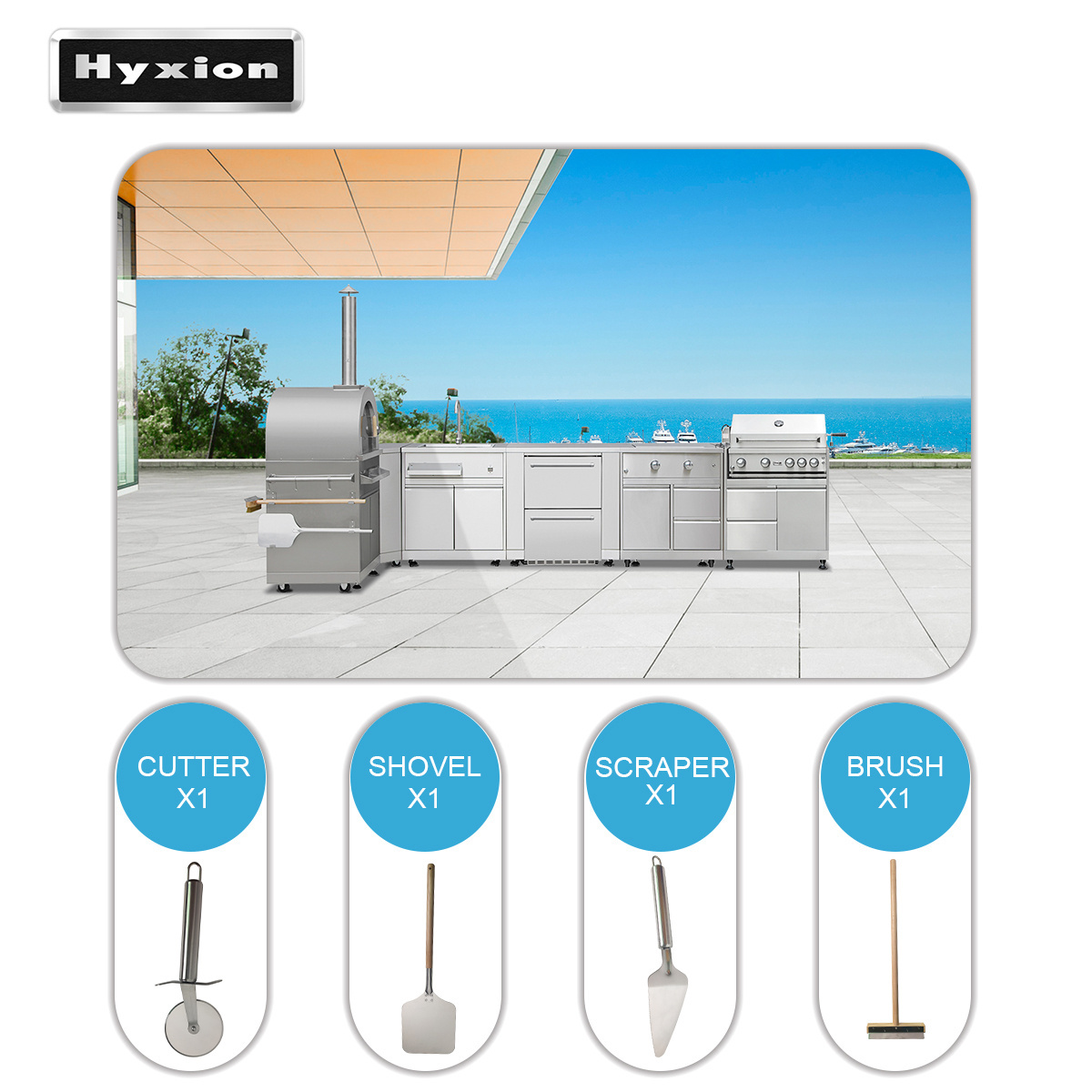 Hyxion Outdoor Kitchen Cabinet 7 piece Set Island Stainless Steel gas barbecue grill garden gas Wood fire pizza oven bbq grill