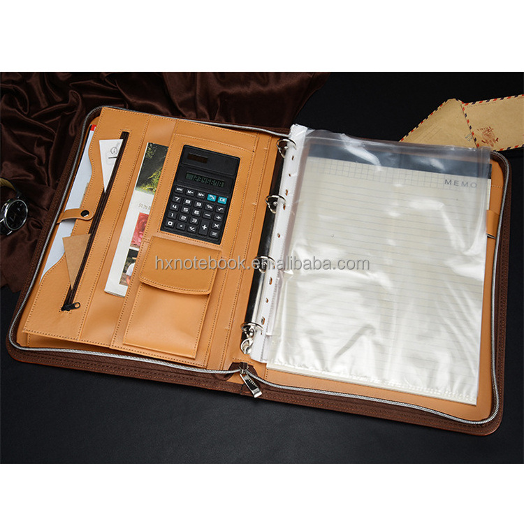 New Style Multi A4 Zipper Portfolio Organizer pu leather Compendium With 4 Ring Binder file folder with LOGO embossed