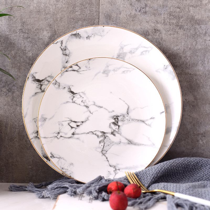 Marble design round shape stock ceramic dinner plate set