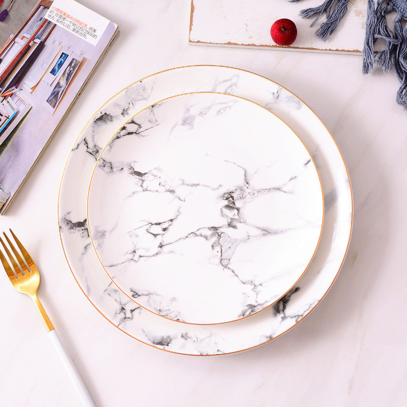 Marble design round shape stock ceramic dinner plate set