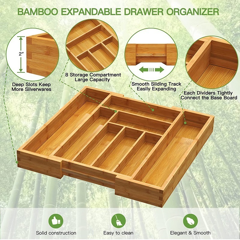 Kitchen Utensils Drawer Organizer Bamboo Expandable Kitchen Cutlery Tray Expandable Wood Utensil Organizer