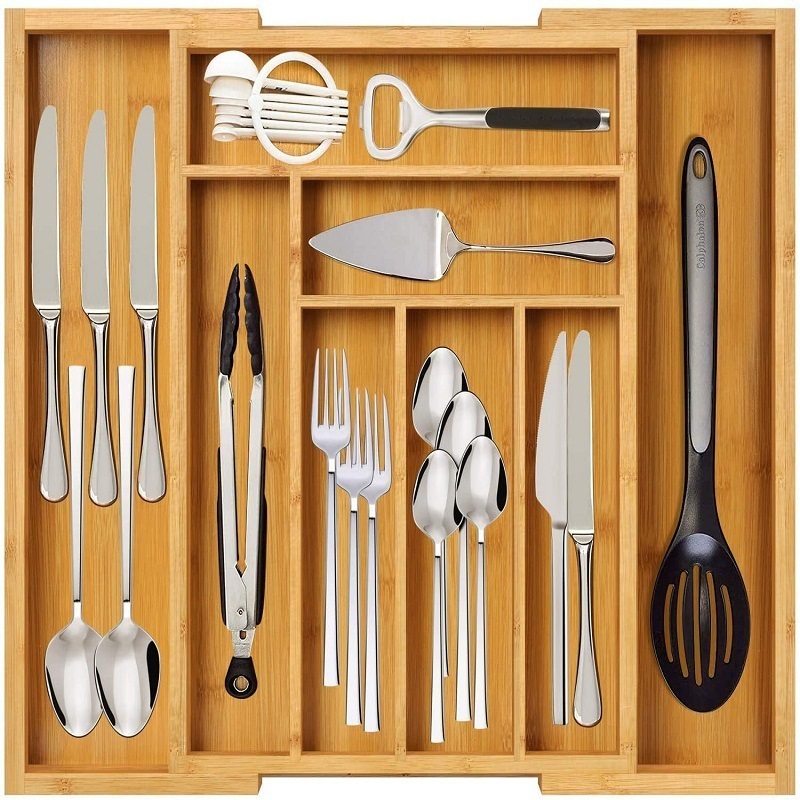 Kitchen Utensils Drawer Organizer Bamboo Expandable Kitchen Cutlery Tray Expandable Wood Utensil Organizer