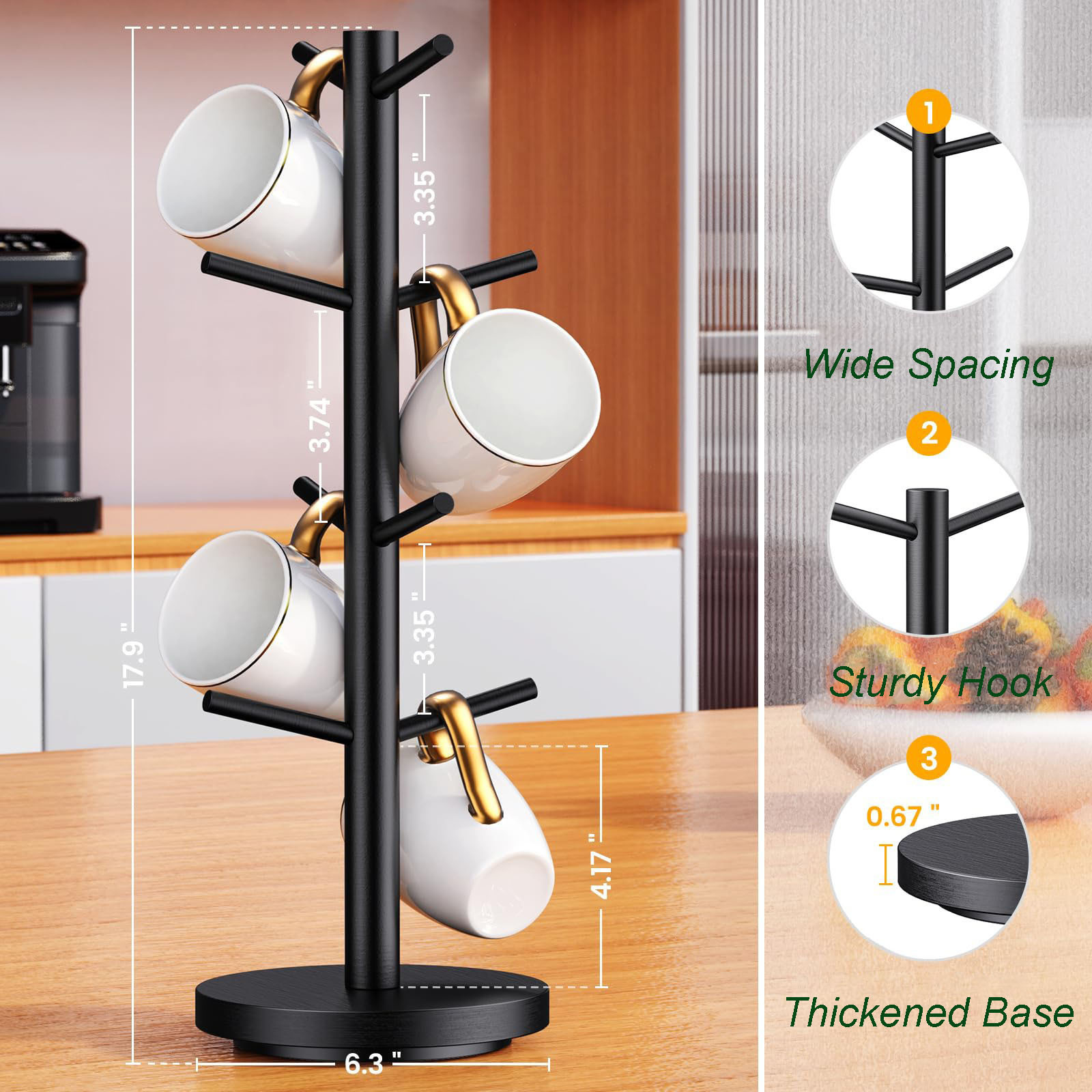 Kitchen & Tabletop Coffee Mug Water Bottle Rack Tree 8 Hooks Wooden Cup Organizer 4 Layer Rotating Mug Hanger Stands