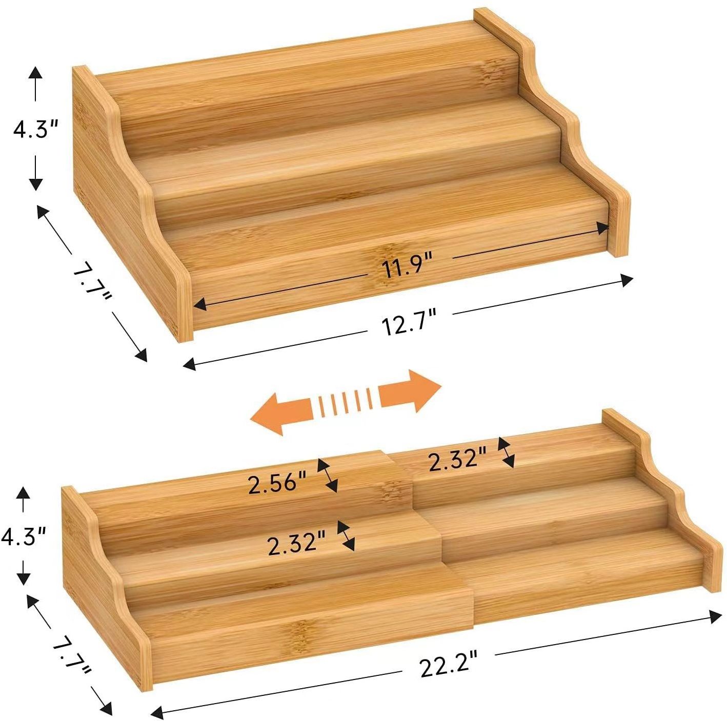 Kitchen Tabletop Bamboo 3-Tier Stair-Shape Expandable Seasoning Rack Holder Wooden Display Rack Spice Jars Rack Organizer