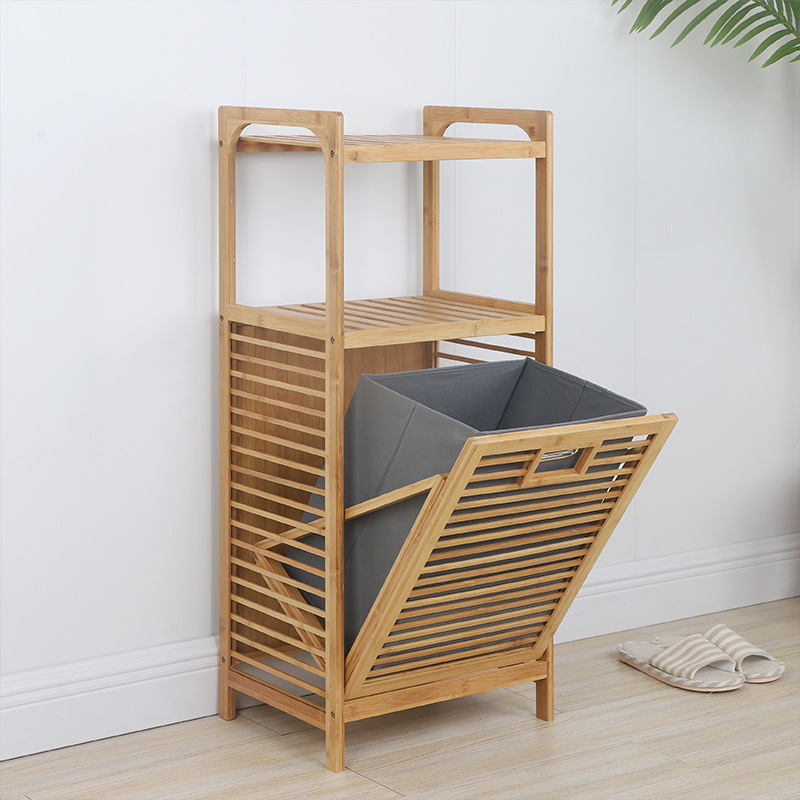 Houseware Bamboo Laundry Basket Shelf 2 3 4 Tiers Dirty Clothes Tilt-out Removable Inner Fabric Basket Laundry Hamper Basket