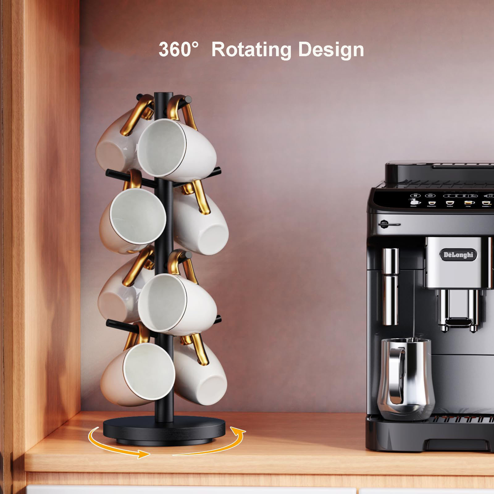 Kitchen & Tabletop Coffee Mug Water Bottle Rack Tree 8 Hooks Wooden Cup Organizer 4 Layer Rotating Mug Hanger Stands